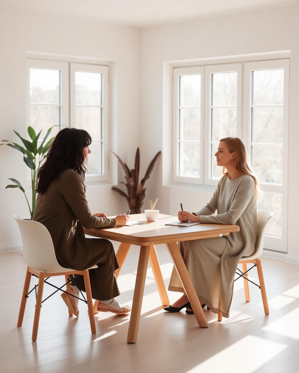 A calm, sunlit coaching session between a coach and client at a light wood table
